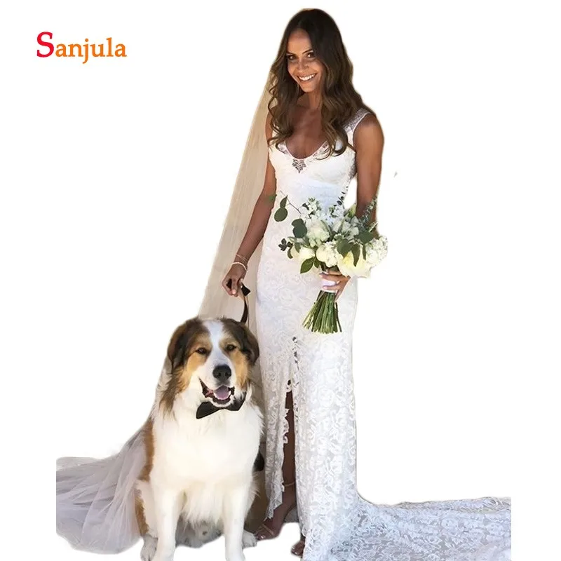 

Summer Beach Bohemia Lace Wedding Dresses Sheath V Neck Front Slit Bridal Wedding Gowns abito da sposa 2019 Wedding Wear D924