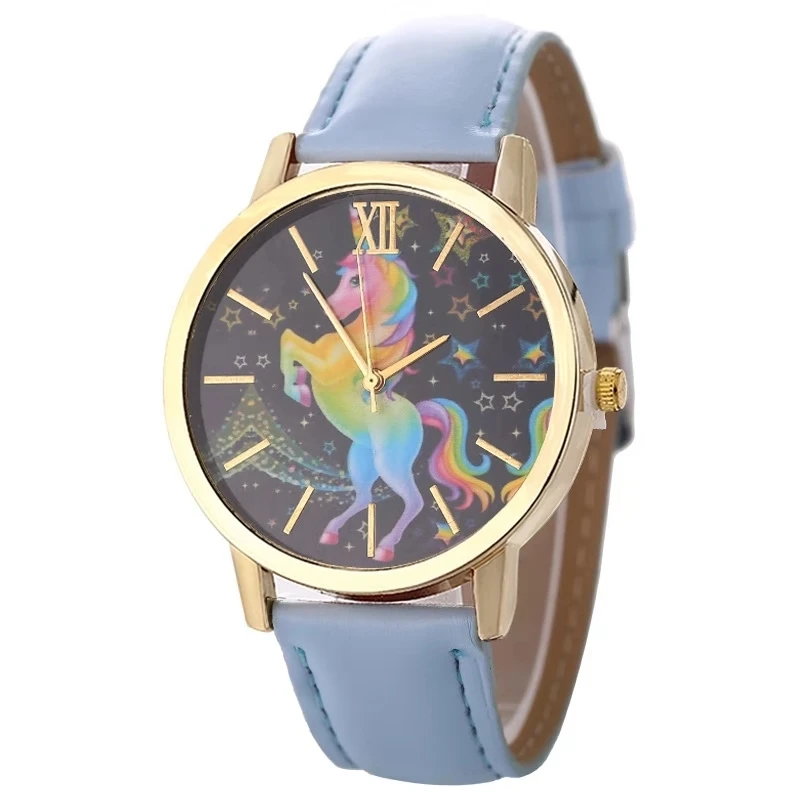 Модные мужские и женские детские часы Единорог красочные пятиконечные звезды ремень кварцевые часы