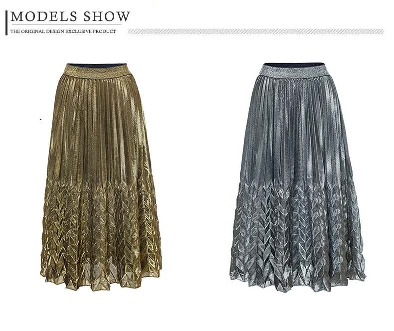 2018 Для женщин блестящие плиссированные юбки металлик цвета: золотистый, серебристый яркая поверхность юбка-трапеция высоких талии Весна