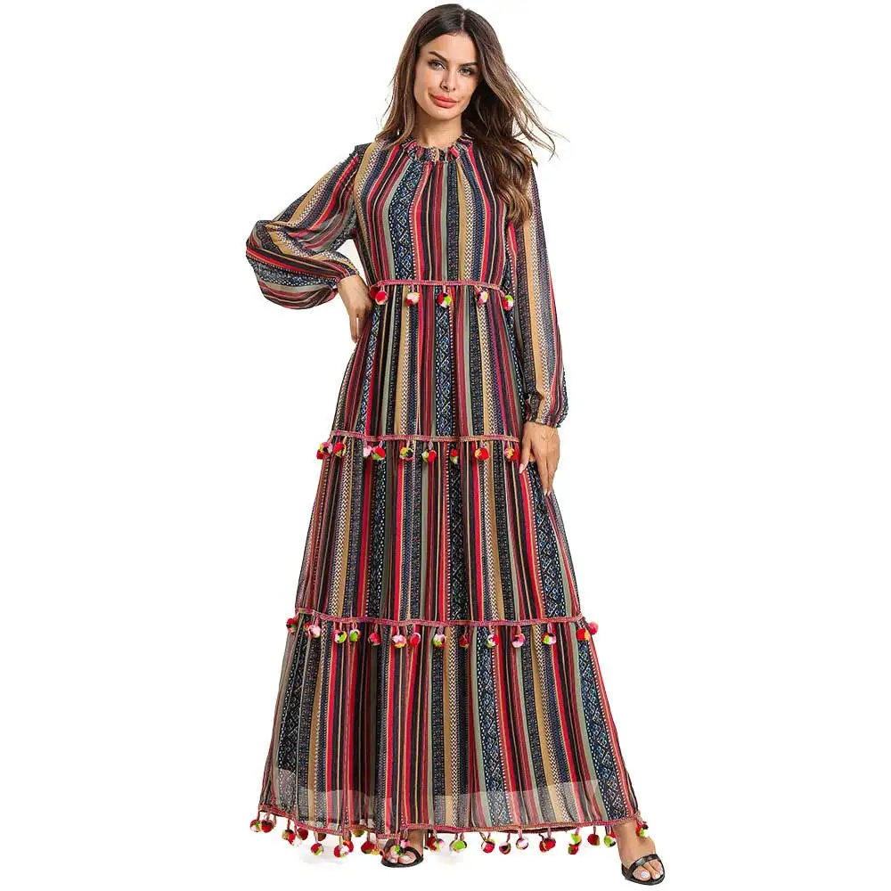 

2019 Brand Faux Silk Women Muslim Abaya Plus Size Striped Chiffon Oversized Maxi Dress Kaftan Islamic Dubai Arabic Robe VKDR1516