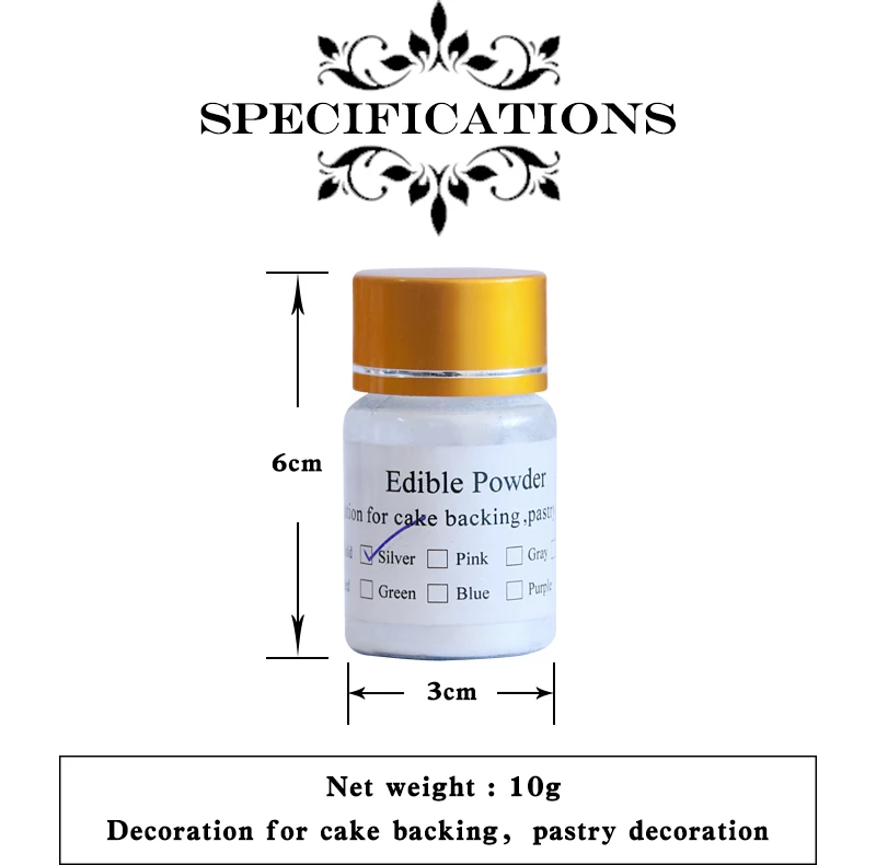 Серебряная съедобная золотая пыль порошок пигмент ручной работы шоколадный помадка украшения для выпечки, торта искусство еда помадка 10 г в бутылке