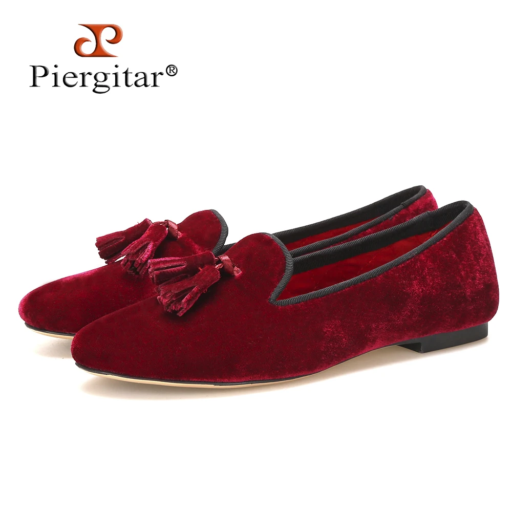 Piergitar/Новинка; женская бархатная обувь ручной работы с кисточками; цвет винный, красный; женские повседневные и вечерние лоферы; женская модельная обувь на плоской подошве