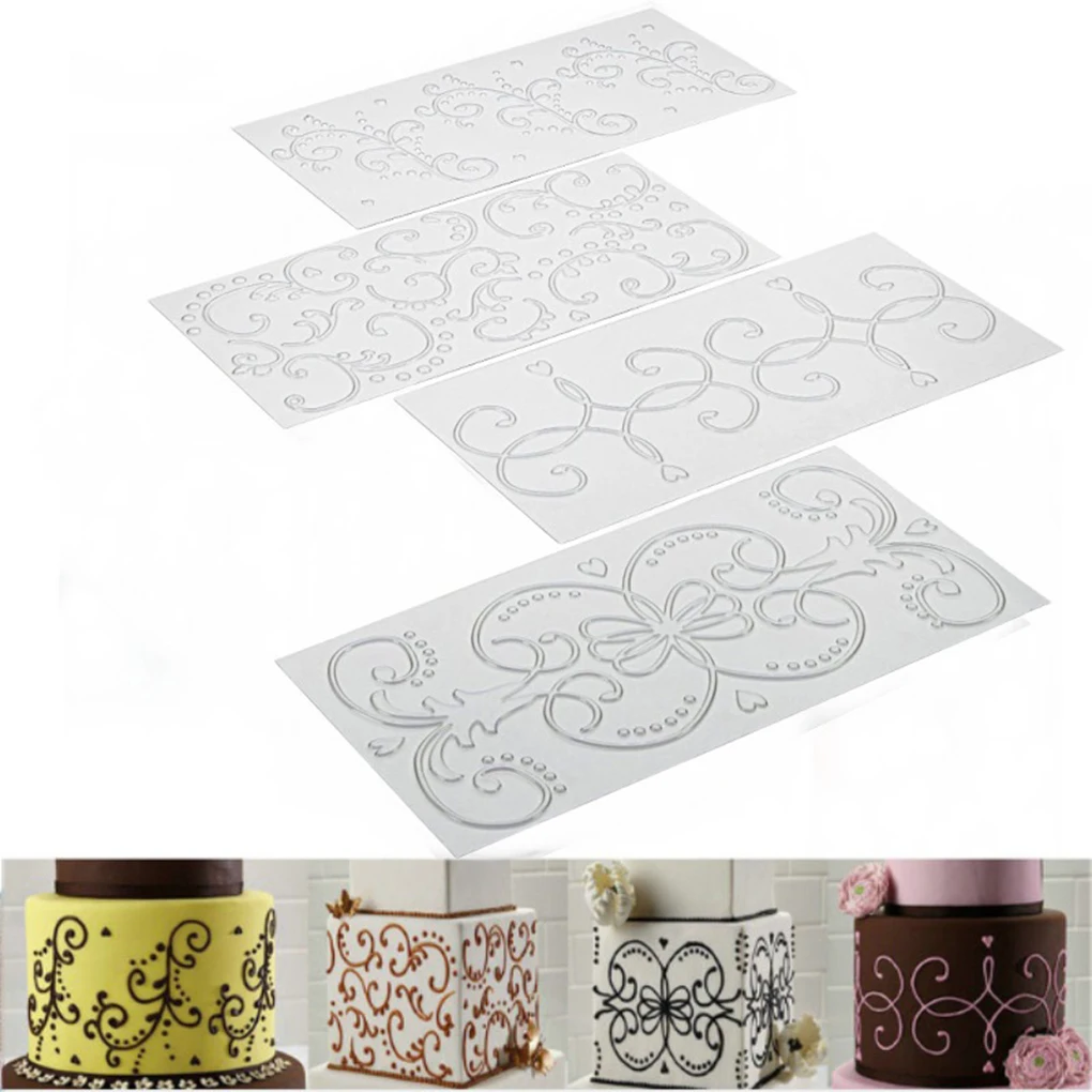 

4pcs Multifunctional Plastic Clear Fondant Imprint Embosser Impression Mat Cake Decorating Tools