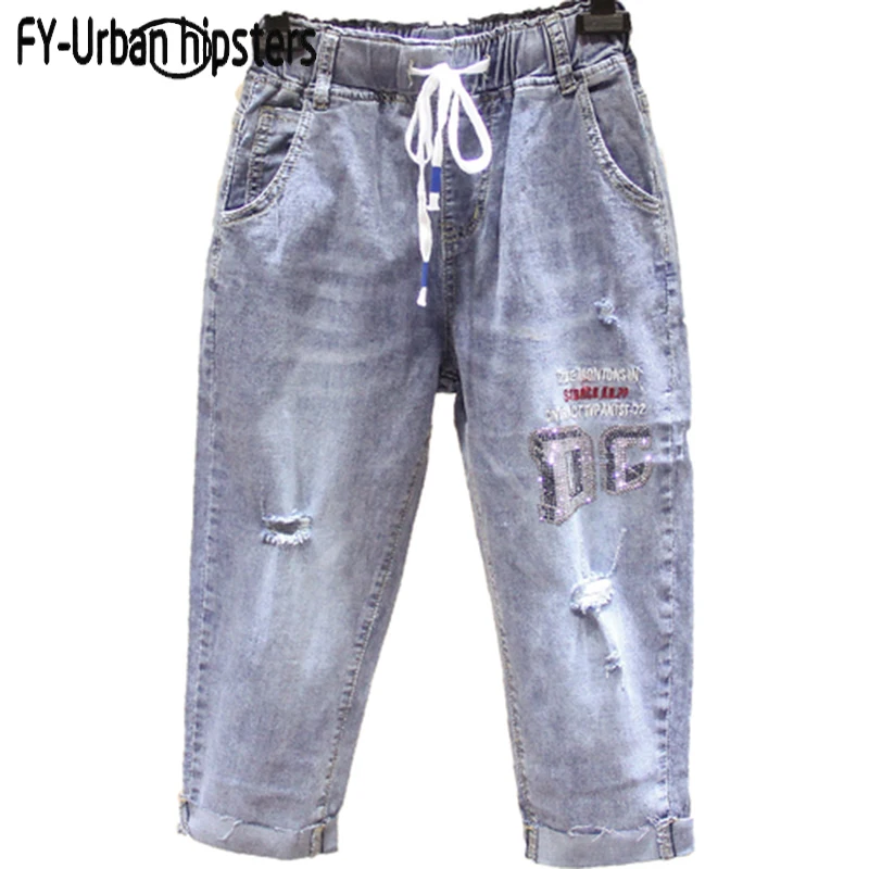 Женские рваные джинсы с высокой талией летние джинсовые штаны на шнуровке