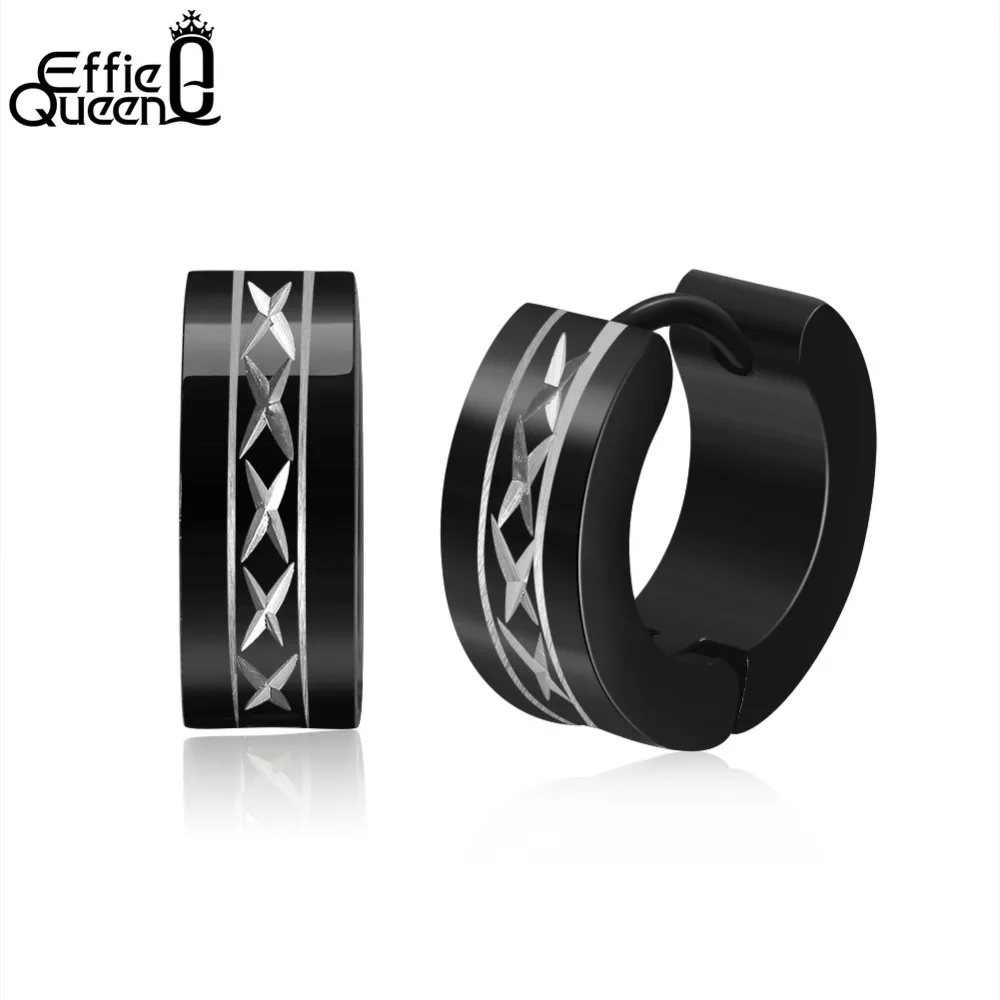 

Effie Queen Punk Black Stainless Steel Hoop Earrings Huggie Simple Style Pattern Circle Fashion Earring for Women Man IE73