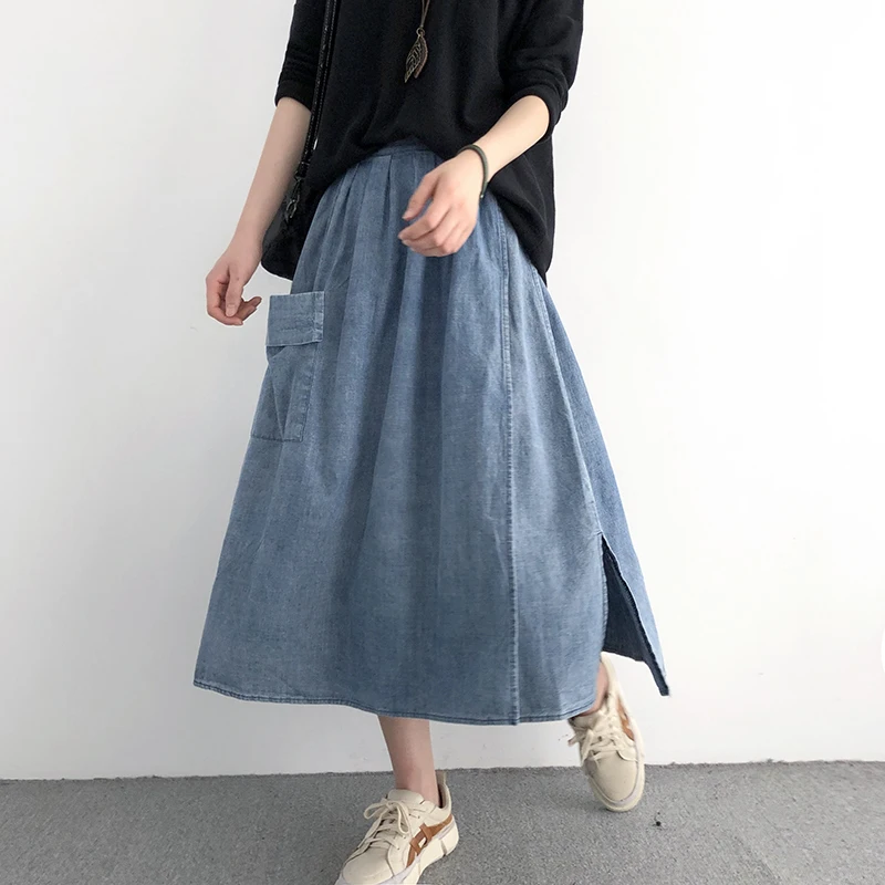 

Women Denim Skirt Big Size 2019 New Spring Summer Female Pockets Fashion Elastic Waist Original Loose Casual Skirt YoYiKamomo