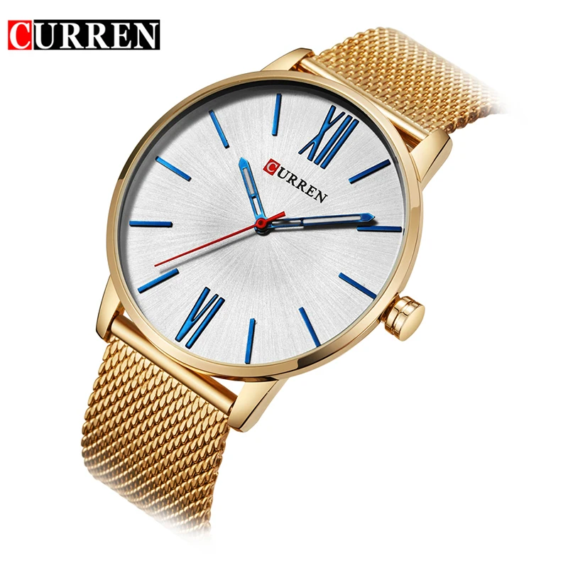 

CURREN 2018 Minimalist Design Blue Red Hands Ultra Thin Case Golden Mesh Band Men Fashion Quartz Sport Watches Top Brand Luxury