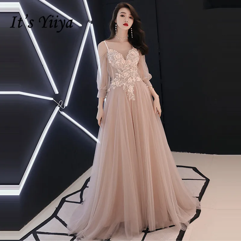 

It's YiiYa Evening Dress 2018 V-neck Appliques Beading Spaghetti Strap Illusion A-line Floor-length LX1268 robe de soiree