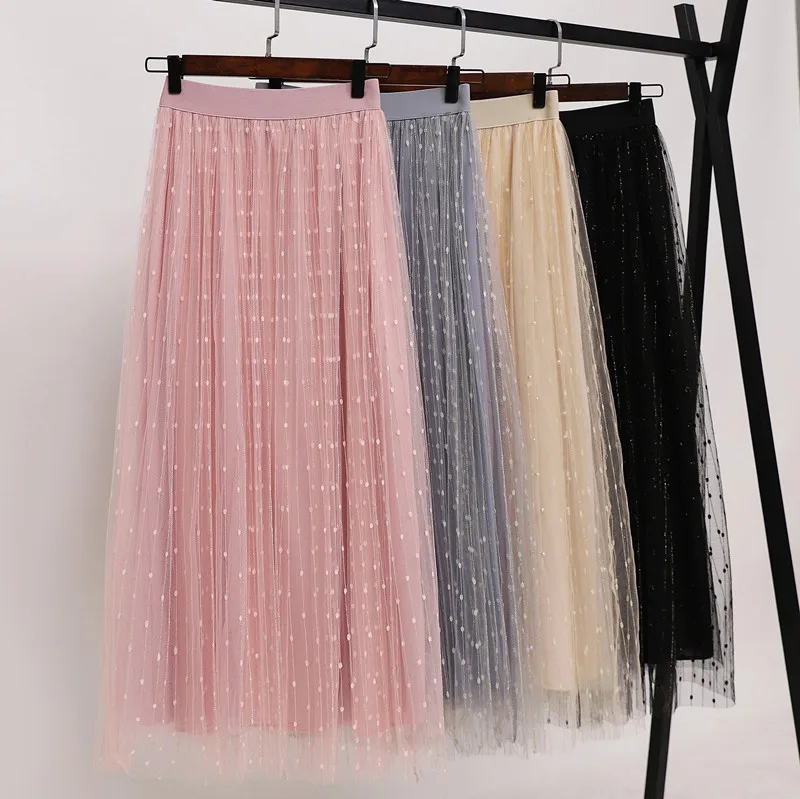 

NEW Women Summer Cool Fashion Double Layer Pleated Retro Long Maxi Dress Elastic Waist Skirt Polka Dot Pleated Mesh Skirt 50
