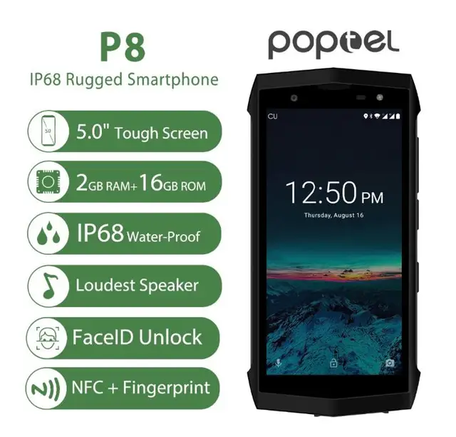 Special Price POPTEL P8 NFC IP68 Waterproof SmartPhone 5.2"HD Face ID MTK6739  Quad Core 2GB+16GB 8.0MP Android 8.1 OTG 3750mAh Dual SIm 4G