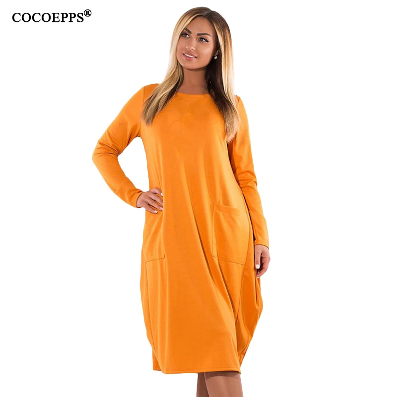 Cena COCOEPPS 2019 L 6XL duże rozmiary kobiety sukienka z długimi rękawami jesienne zimowe ubrania damskie żółty plus rozmiar elegancka swobodna luźna sukienka