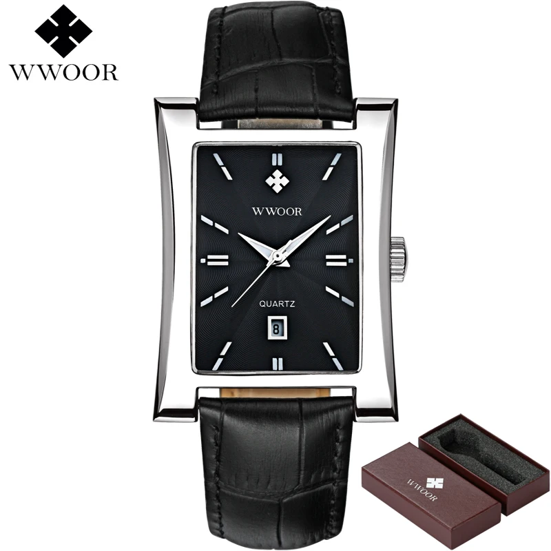 

Top Brand Men's Watches Waterproof Luxury Genuine Leather Wristwatch Men Quartz Sport Watch Male Famous WWOOR Black Square Clock