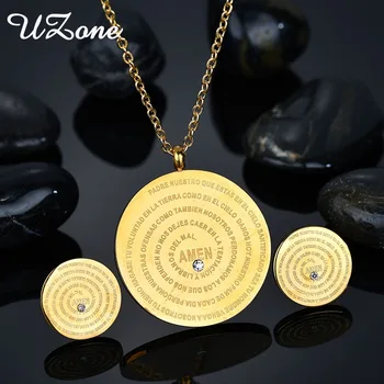

UZone Spanish Bible Amen Medal Necklace Earrings Set Round Holy Scripture Trump Medal Religious Set