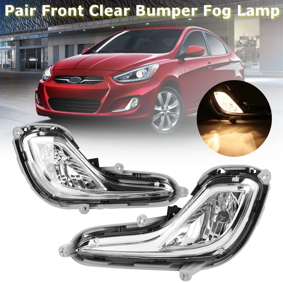 

2 Pair ABS Front Clear Bumper Fog Lamp Lights For Hyundai Accent 12V 27W 2012~2014 # 922011R010, 922021R00 w/ Bulbs Yellow Clear