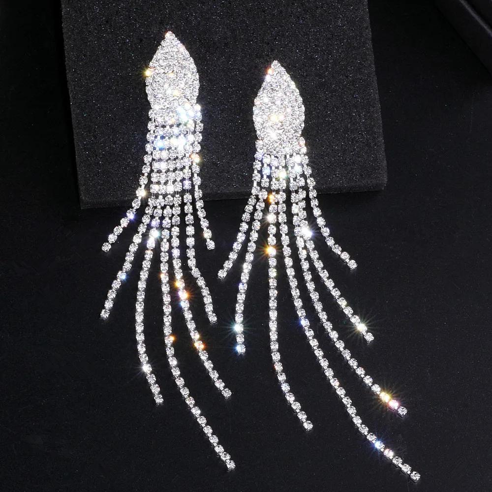 

Elegant Crystal Long Tassels Earrings for Women Silver Color Bridal Brincos Wedding Drop Dangle Earrings Statement Jewelry WX033