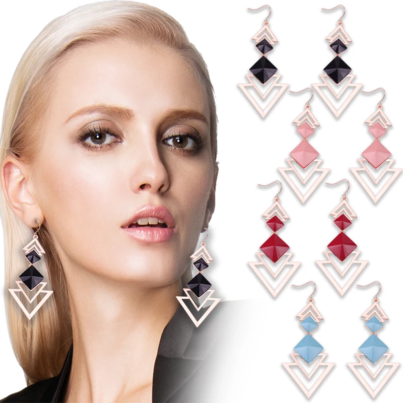 2018 New Cool Hot Triangle Rose Gold Brincos Drops Pendants Earrings for Women Long Dangle Geometric Earring Jewelry Duftgold | Украшения и