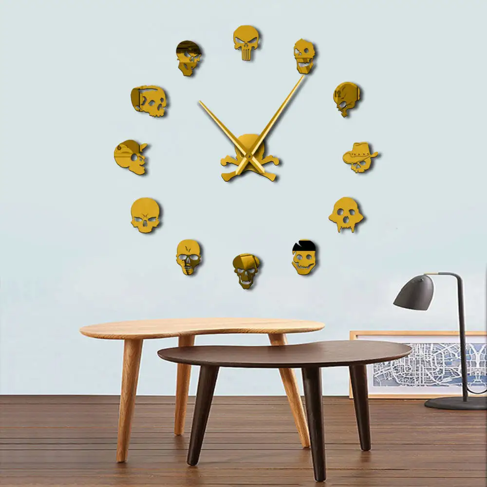 Черепов Безрамное Diy большие современные настенные часы настенные кварцевые часы салонные 3d зеркальные светодиодные ручные часы Гостиная домашний декор - Цвет: Gold