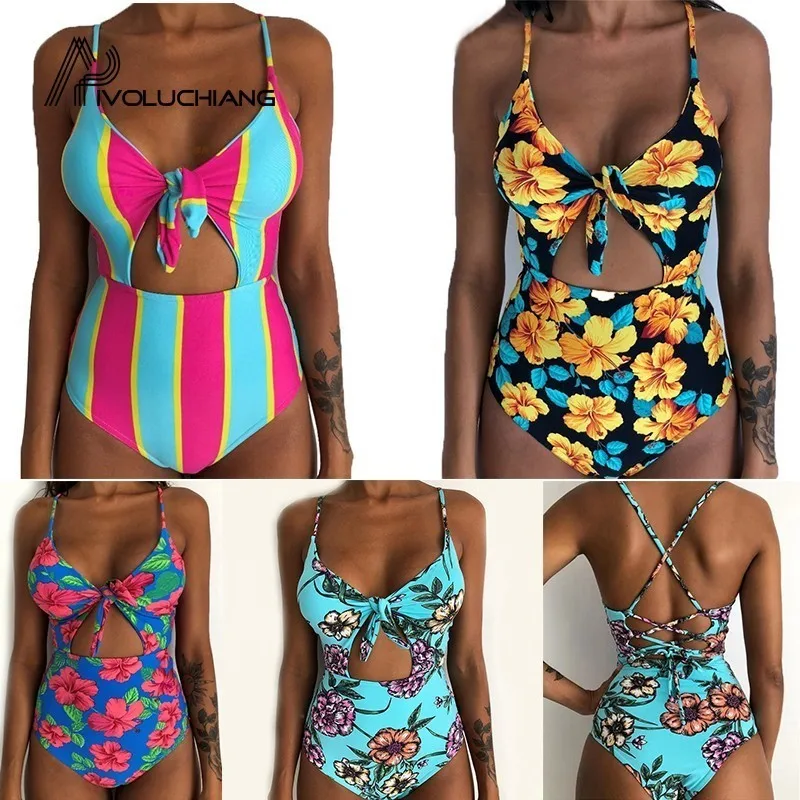 

Floral Print Bikini Bandage Swimwear Women Print Bathing Suit Back One Piece Swimsuit Beachwear Front Konted Bodysuit Monokini