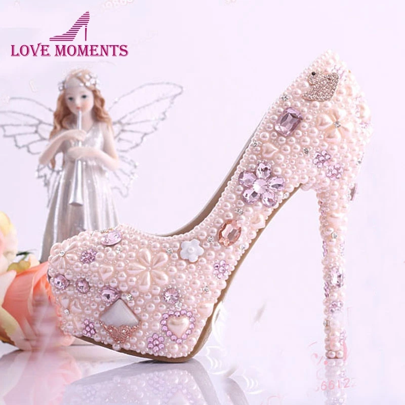 Pink Crystal Wedding Dress Shoes Imitation Pearl Gorgeous High Heel Shoes Nightclub Dress Shoes Bridal Dress Shoes