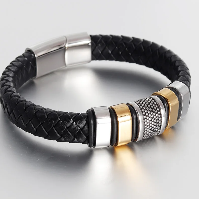 

Fashion Stainless Steel Bracelet Men Braid Black Leather Bracelets & Bangles Rope Chain Vintage Jewelry Magnetic Buckle gold