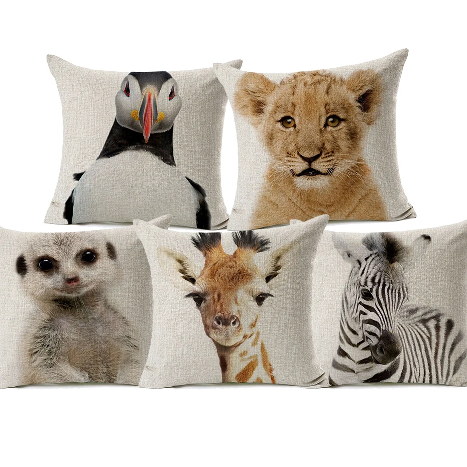 

Bunny Bear Zebra Lion Giraffe Horse Cat Cushion Covers Baby Animals Cushion Cover Kids Room Decorative Linen Pillowcase