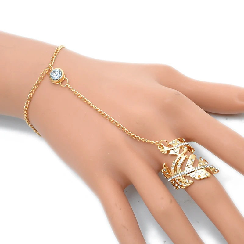 

Punk Fashion Gold color Slave Chain Leaf Ring Set For Women Bracelet Finger Knuckle Ring Anillo Bague Femme