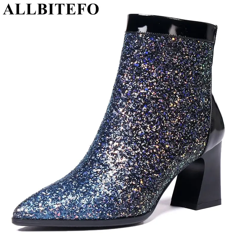 

ALLBITEFO Sequins thick heel women boots brand high heels ankle boots women botas femininas winter motorcycle boots girls shoes