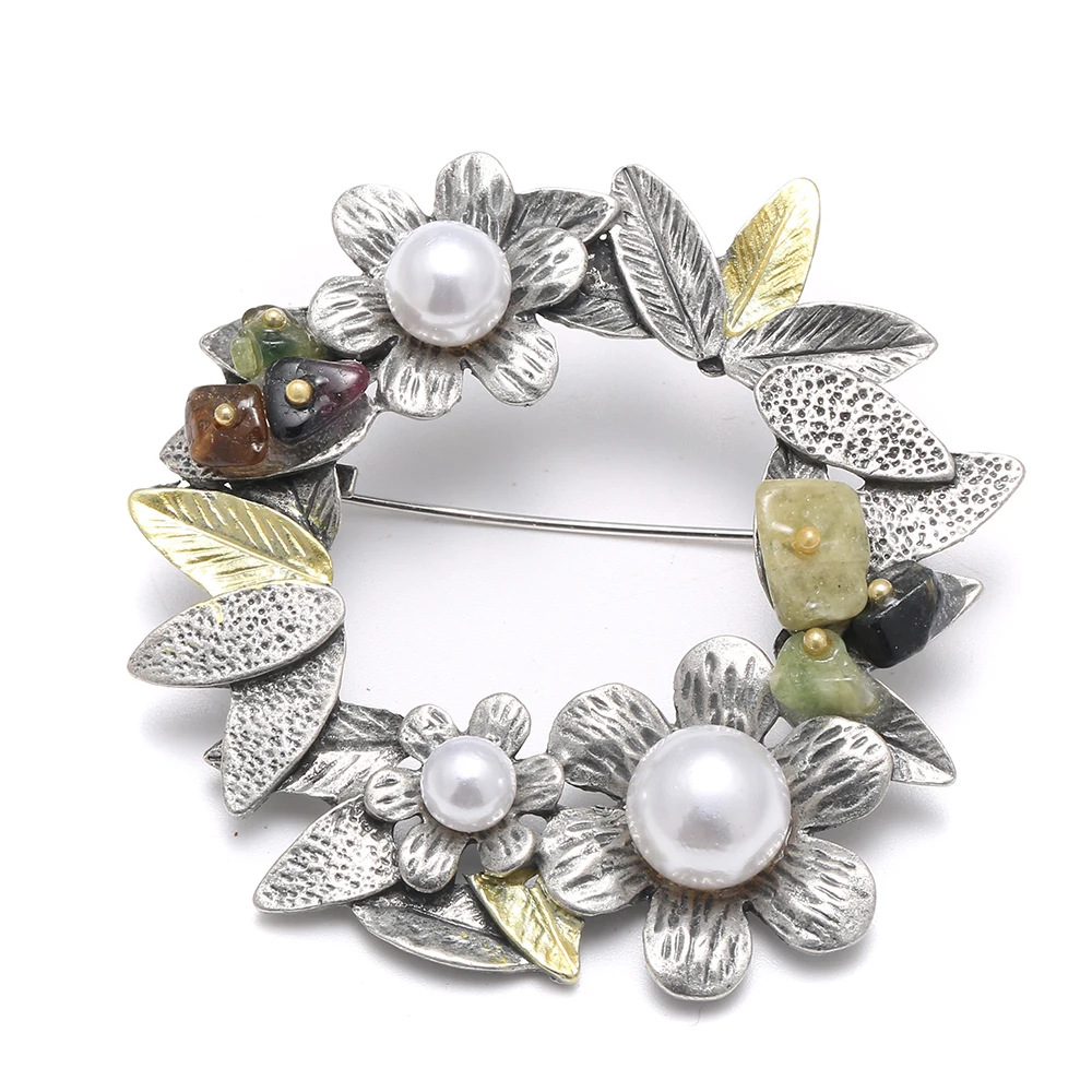 Vintage Style Imitation Pearl Big Women Brooch Colorful Natural Stone
