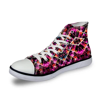 

Noisydesigns Male vintage high top sneakers Boys casual lace up vulcanized Men pink geometric checker 3D print flat canvas shoes