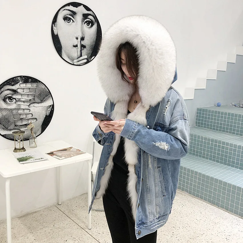Бренд 2019 джинсовая парка зимняя куртка женская шуба из натурального меха енота