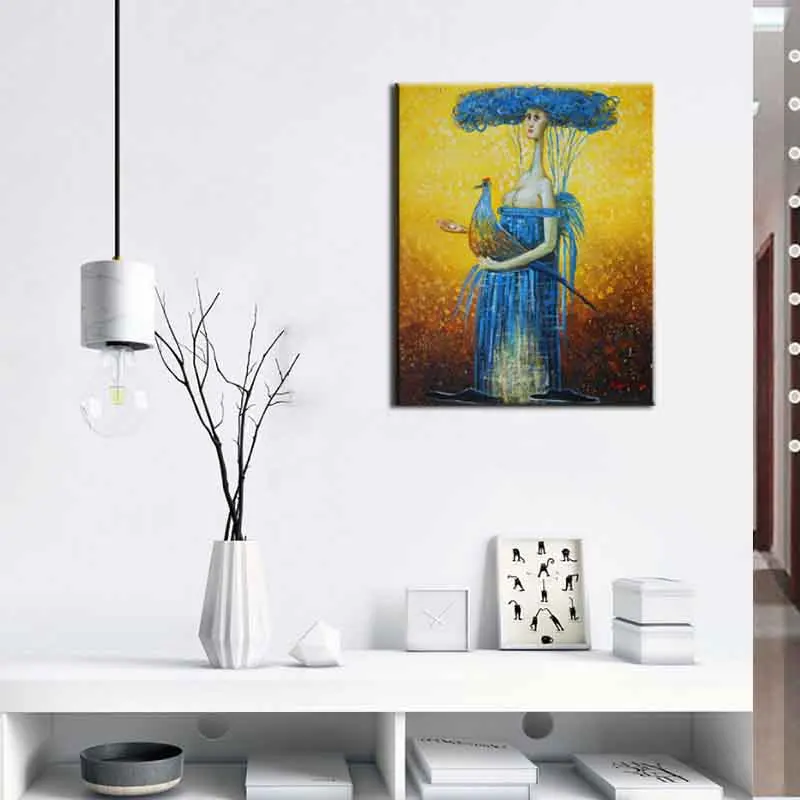 

1 Pcs Impressionist Abstract The Nude Woman Holding Pheasant Painting Prints On Canvas Retro Figures Wall Art for Living Room