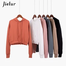 Jielur Hoodie 6Colors Thin Women's Cropped Sweatshirt White Autumn Drawstring Crop Hoodies Harajuku Vintage Female Hooded Hoody velvet drawstring crop hoodie