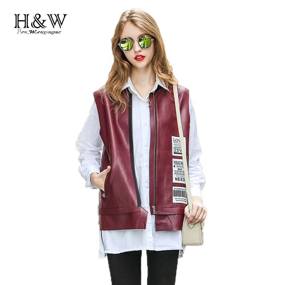 Women PU patch designs vest,female solid red slim vest 7588in Vests