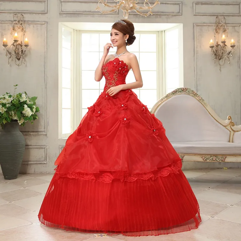 Настоящая фотография, vestido de noiva de, новинка, корейский стиль, цветы, без бретелек, розовый, красный, принцесса, свадебное платье, на шнуровке, бальное платье