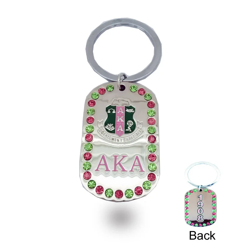 

AKA metal dog tag 1908 keychain Fashion pink and green stone Keychain Car Keychain auto Greek Sorority DST Keyring