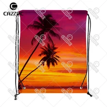 Пальмовые деревья силуэт на закате Летний стиль пляж индивидуальный принт нейлоновая ткань шнурок рюкзак Подарочная сумка Упаковка из 4