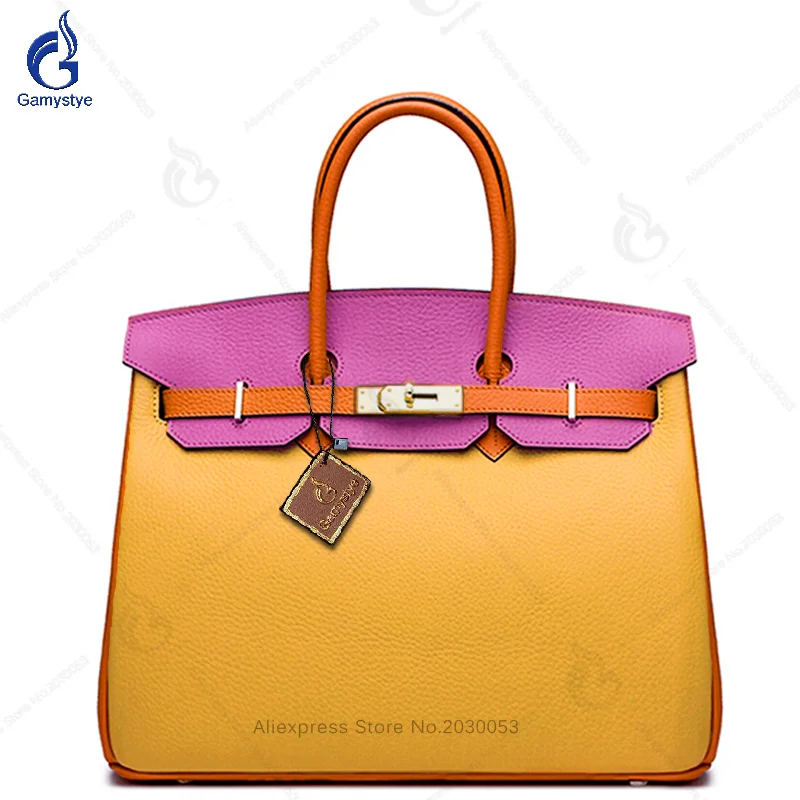 

YELLOW Bags Handmade 100% Real Leather Patchwork Tote Soulder Bags Female Color Block Crossbody Handbag Gold lock Free Shipping