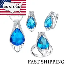 США Uloveido с украшением в виде кристаллов, подвеска, серьги, кольцо груша с голубыми камнями циркония Для женщин Наборы свадебных ювелирных изделий подарки для девочек T219