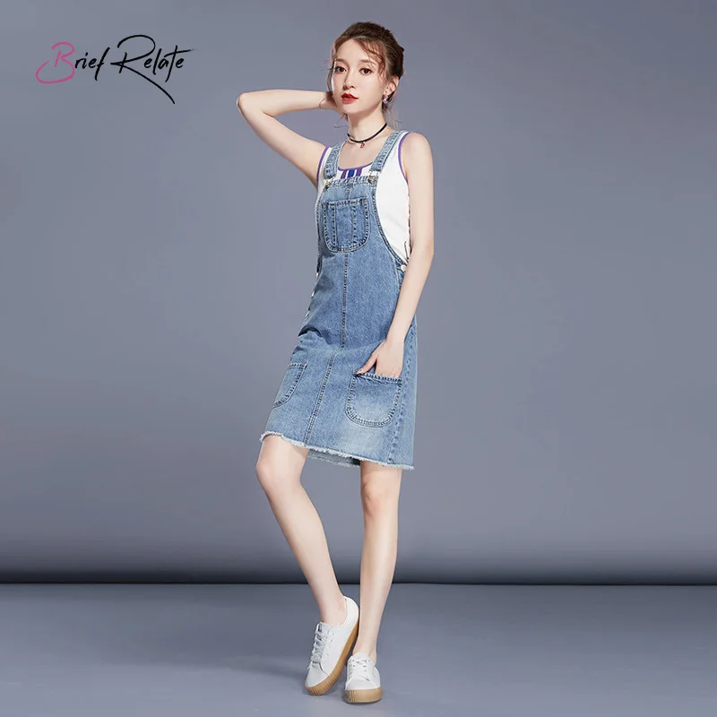 

Brief Relate Women Light Blue Casual Back Split Jeans Strap Denim Loose Straight Dress