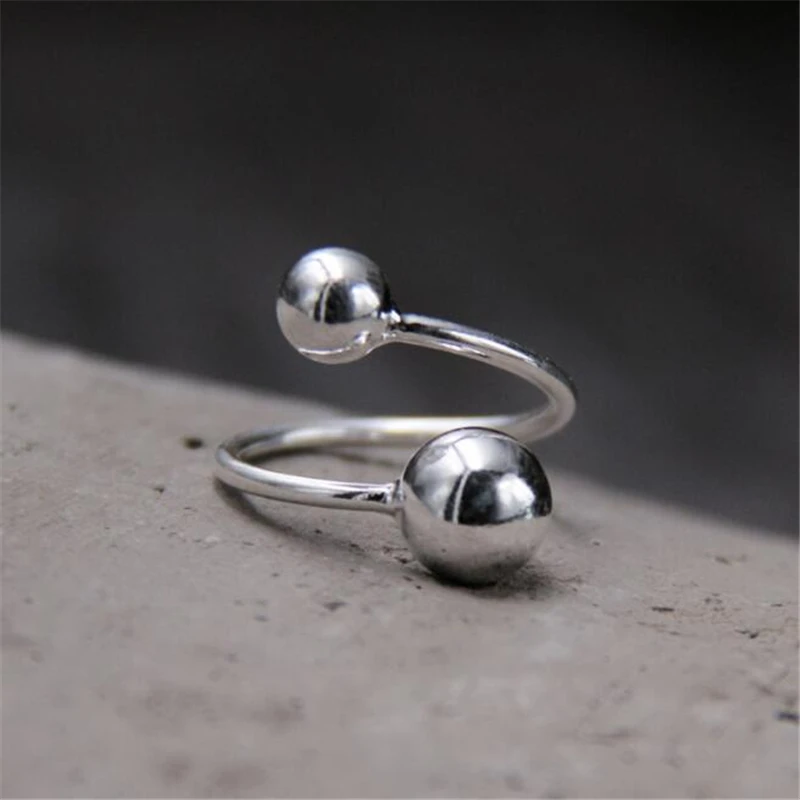 

925 Sterling Silver Smooth Style Double Balls Open Rings For Women High Quality Lady Prevent Allergy Sterling-silver-jewelry