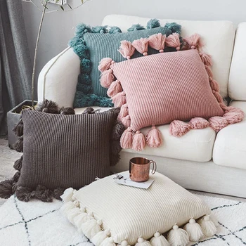 

White Cushion Cover Tassels Square Pillowcase Yellow Ivory Black Cotton linen Pillow Cover 45x45cm Home Decoration Sofa 18"