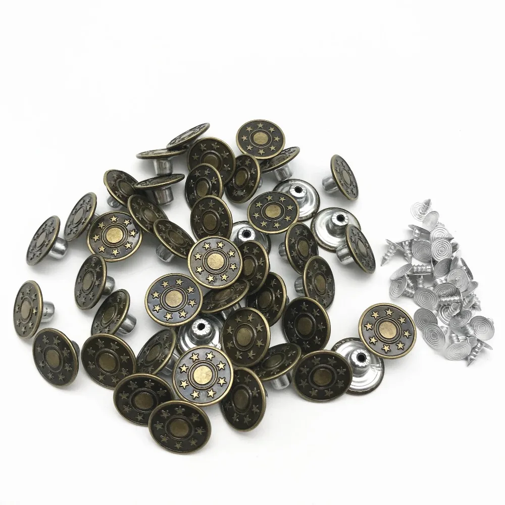 Set of 100 17mm Iron Metal Antique Brass Color Round Jeans Buttons With