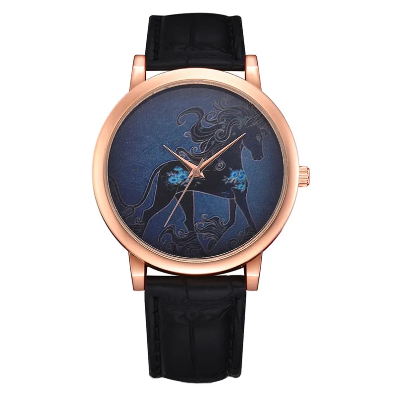 

Casual Women Watches Rose Gold Dial Ladies Fashion Horse Pattern Quartz Wristwatch Simple Leather Strap Clock Reloj Mujer @50