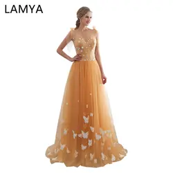 Lamya Высокое качество цветок золото длинные вечерние платья для женщин Бабочка элегантный роскошный Вечерние Ночное платье vestido de festa longo