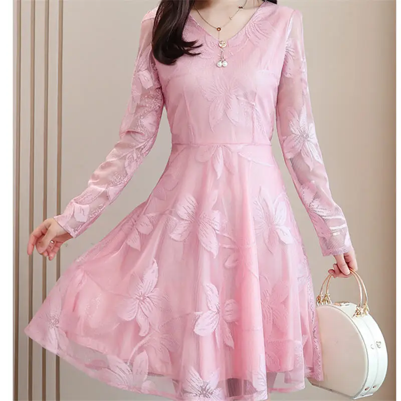 Элегантные коктейльные вечерние женские платья с коротким рукавом, летнее платье, кружевные винтажные короткие платья для девушек, платья больших размеров - Цвет: Full Sleeve Pink