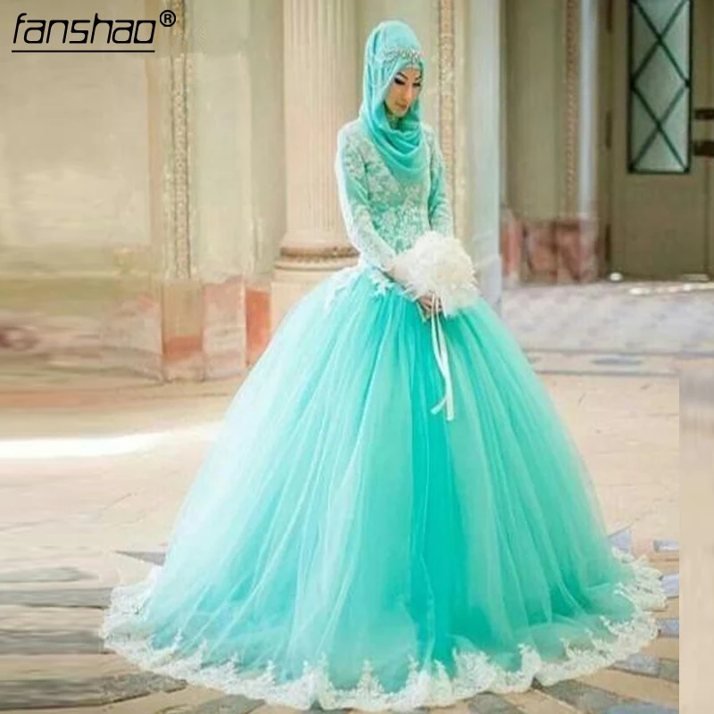 

Turquoise Muslim Wedding Dresses Ball Gown Long Sleeves Tulle Lace Vestido De Noiva 2019 Boho Dubai Arabic Wedding Gown Bridal