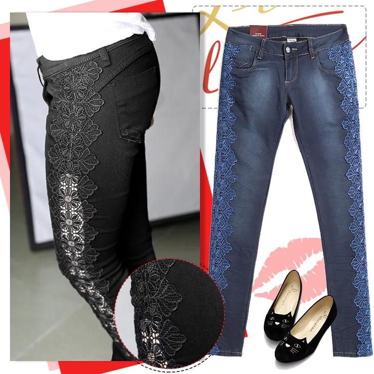 

2016 Newest Cotton Lace Low Waist Slim Women Jeans Sexy Hollowed Out High Elasticity Embroidered Black & White Jeans Women