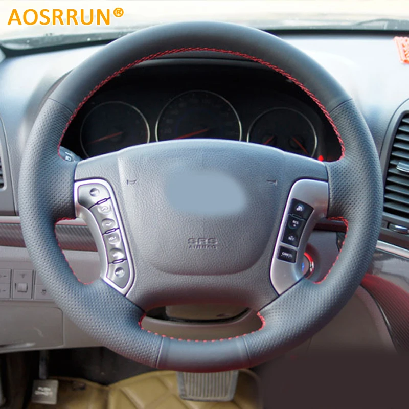 AOSRRUN Leather Hand-Stitched Car Steering Wheel Covers For Hyundai Santa Fe 2006-2012 Accessories | Автомобили и мотоциклы