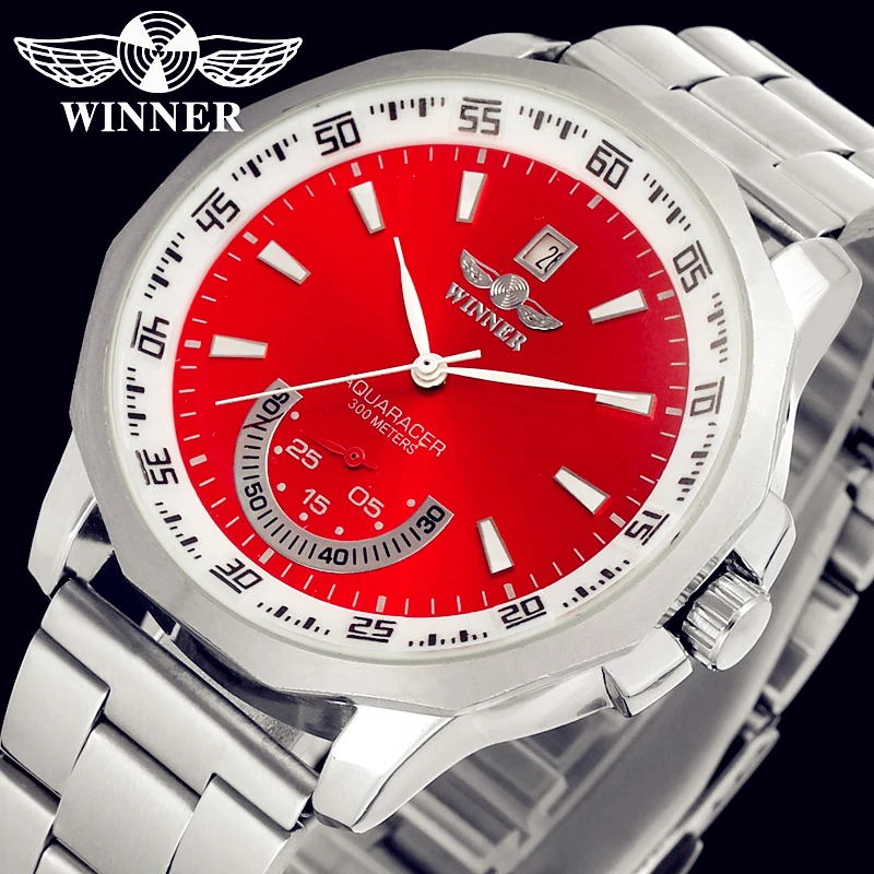 

Fashion WINNER Men Luxury Brand Red Dial Stainless Steel Watch Date Automatic Mechanical Wristwatches Gift Box Relogio Releges