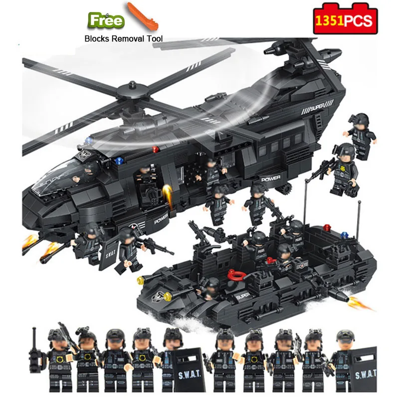 

New 1351PCS SWAT Team Transport Helicopter Compatible major Brand SWAT Military City Police figures Building Blocks bricks Kid
